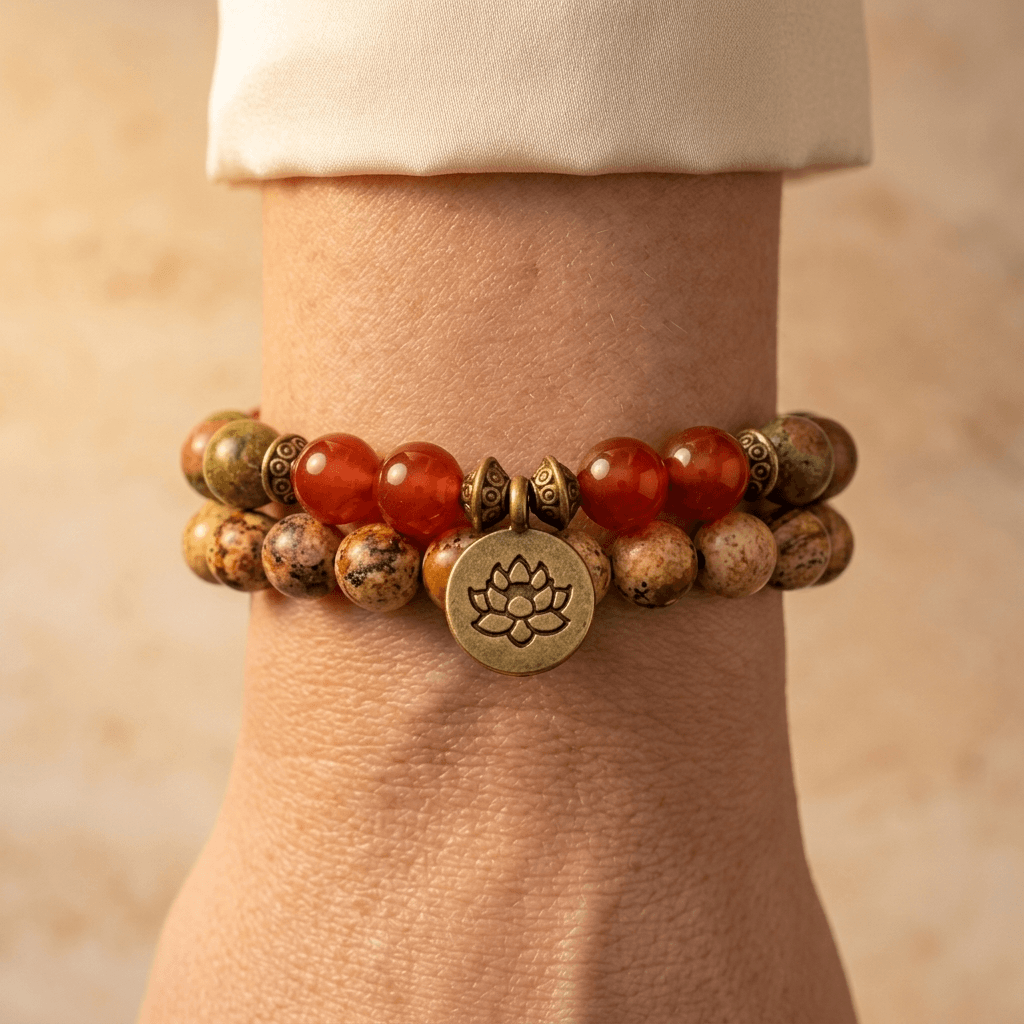 Natural Jasper Carnelian Lotus Charm Bracelet