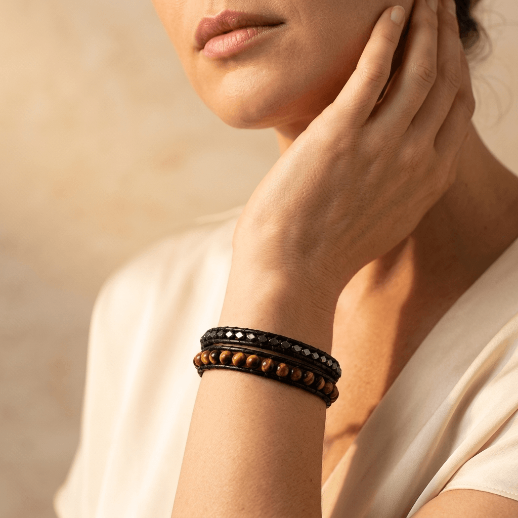 Natural Tiger Eye Black Leather Wrap Bracelet