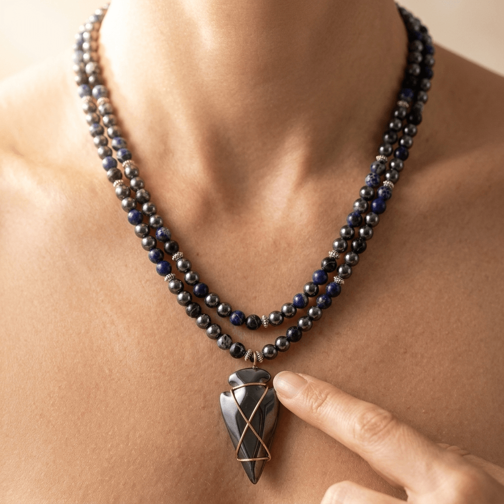 Hematite Blue Jasper Beaded Arrowhead Pendant Necklace
