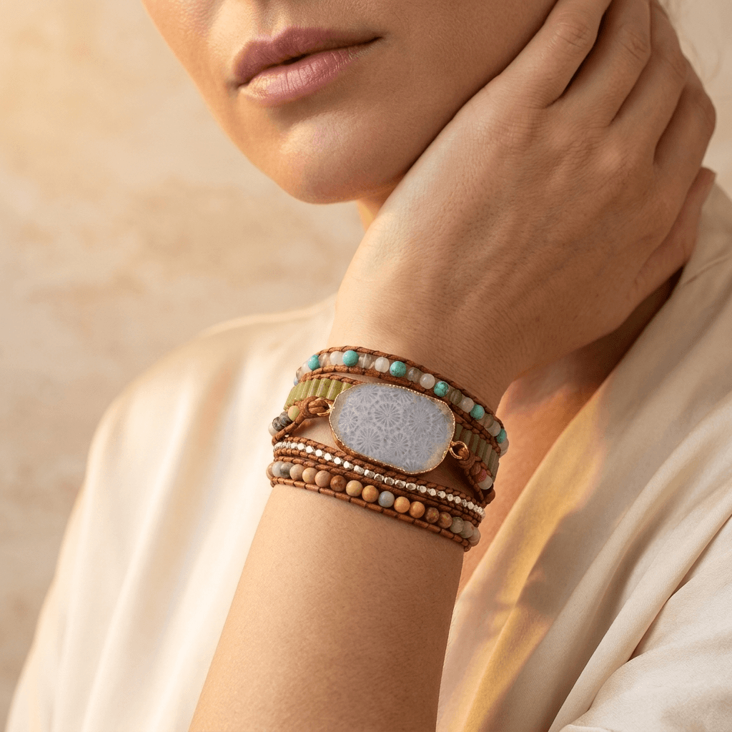 Handmade Natural Chrysanthemum Stone Leather Wrap Bracelet