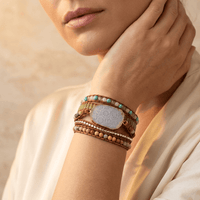 Handmade Natural Chrysanthemum Stone Leather Wrap Bracelet