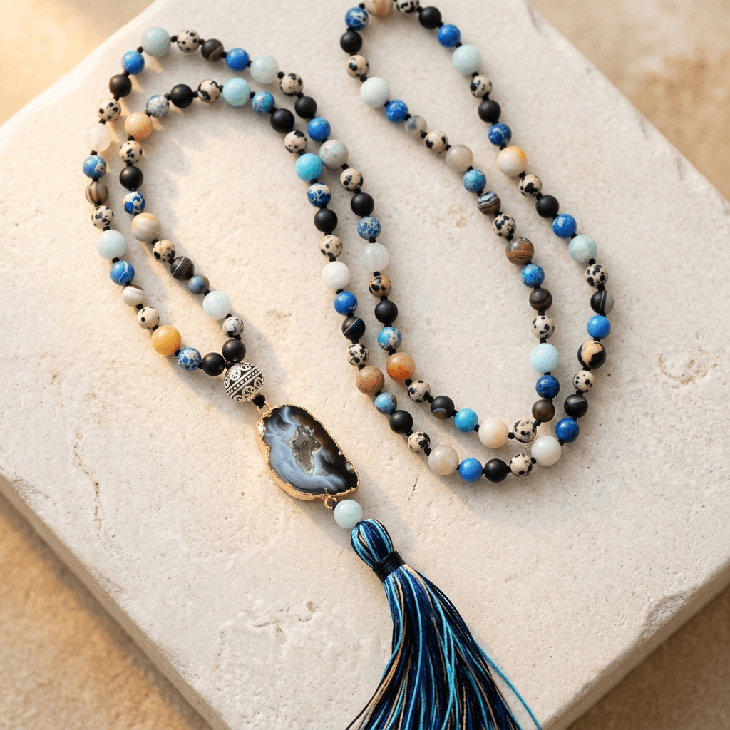 Natural Agate Druzy Mixed Gemstone Tassel Necklace