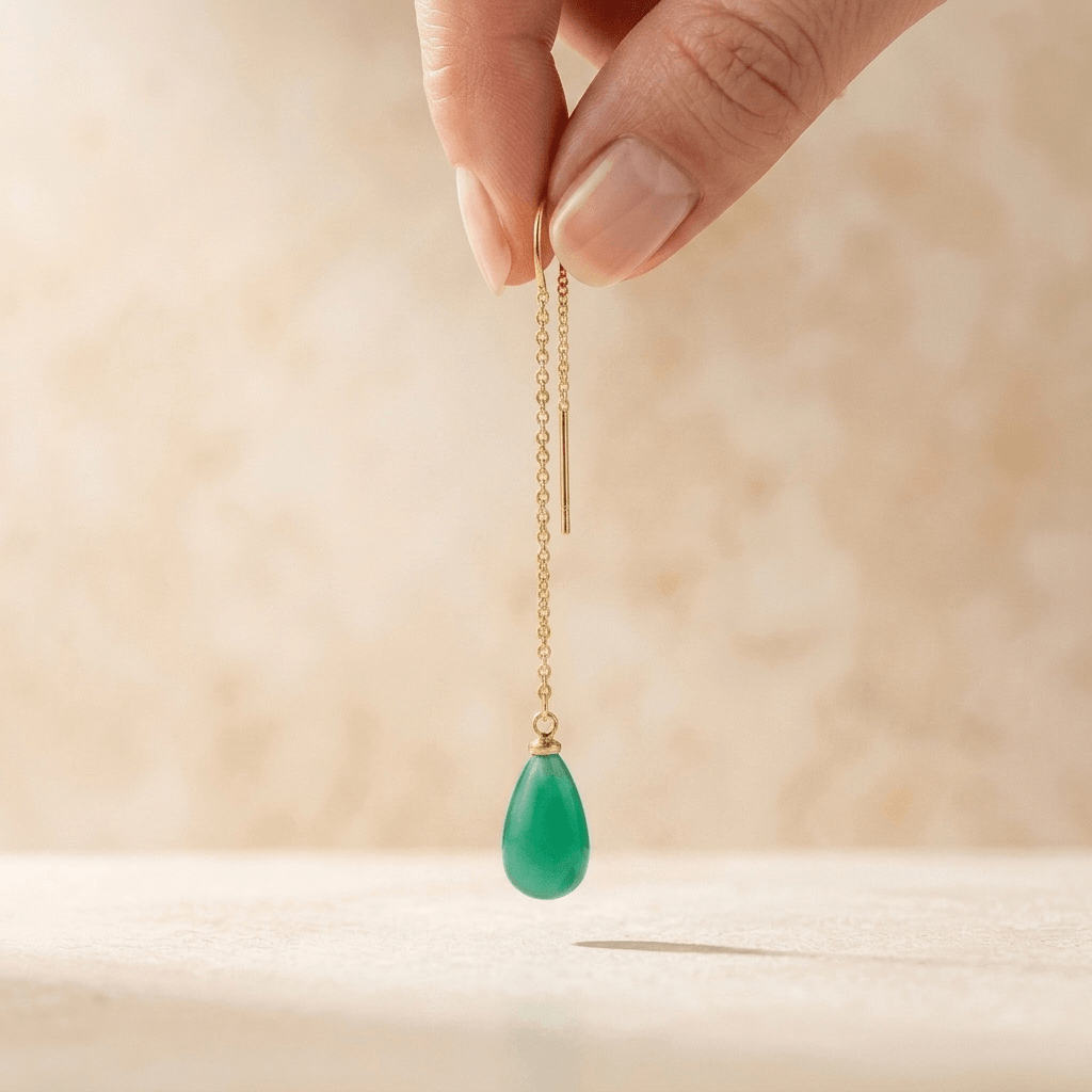 Green Onyx Gold Teardrop Thread Earrings