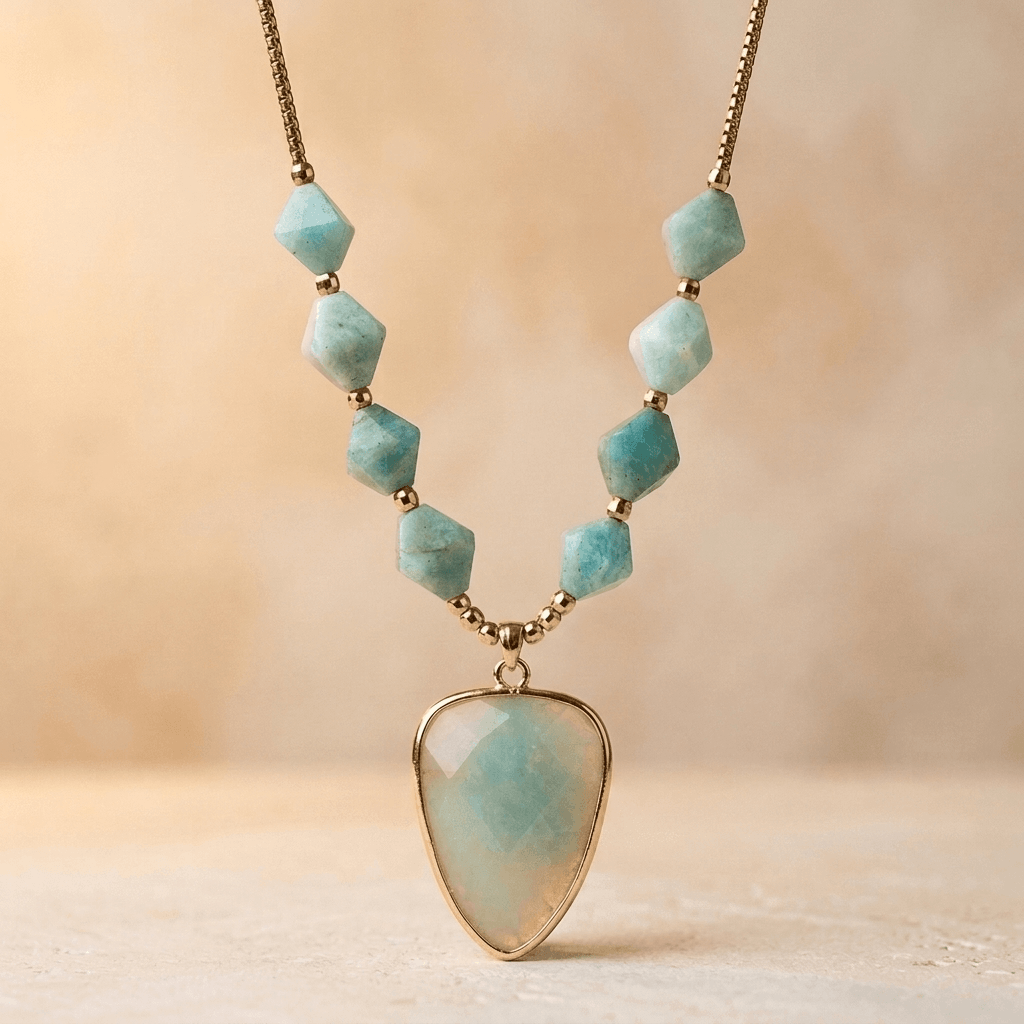 Natural Amazonite Gold Faceted Pendant Necklace