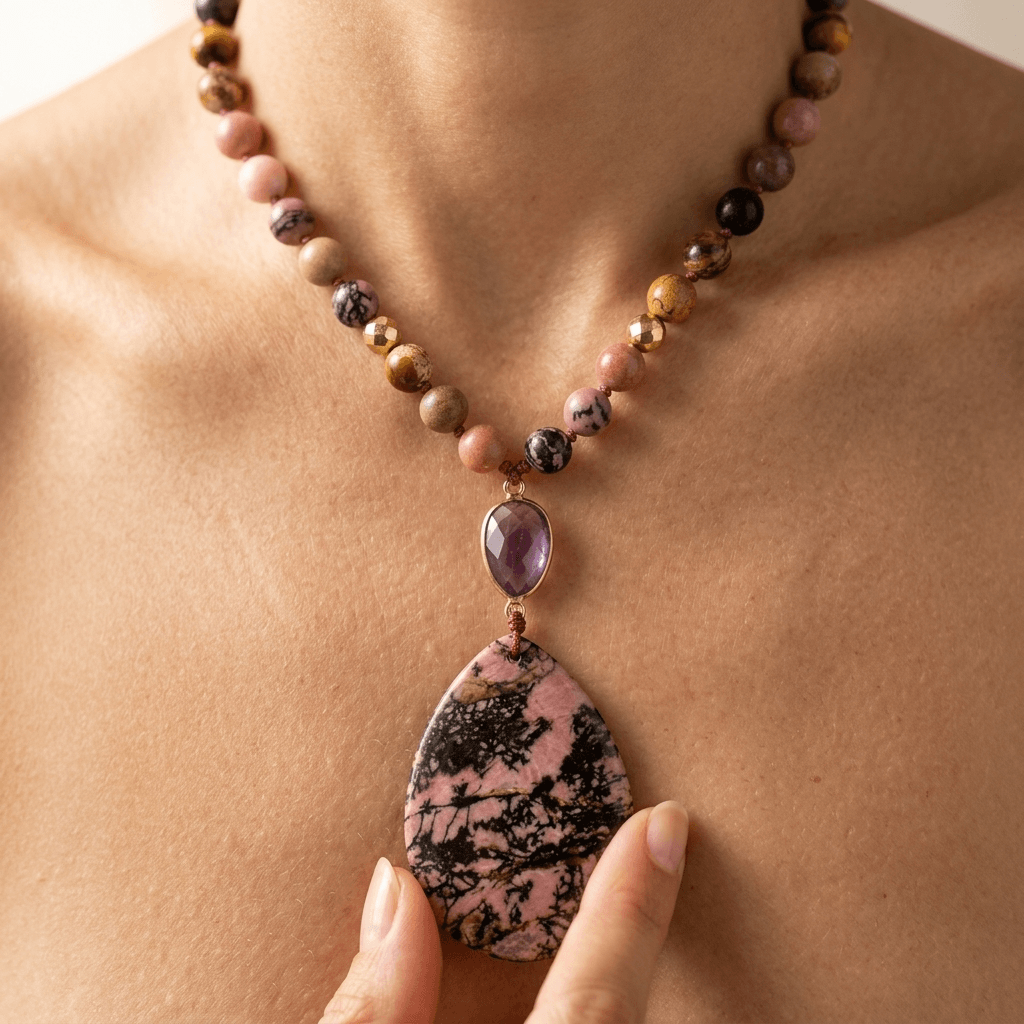 Natural Rhodonite Jasper Teardrop Pendant Necklace
