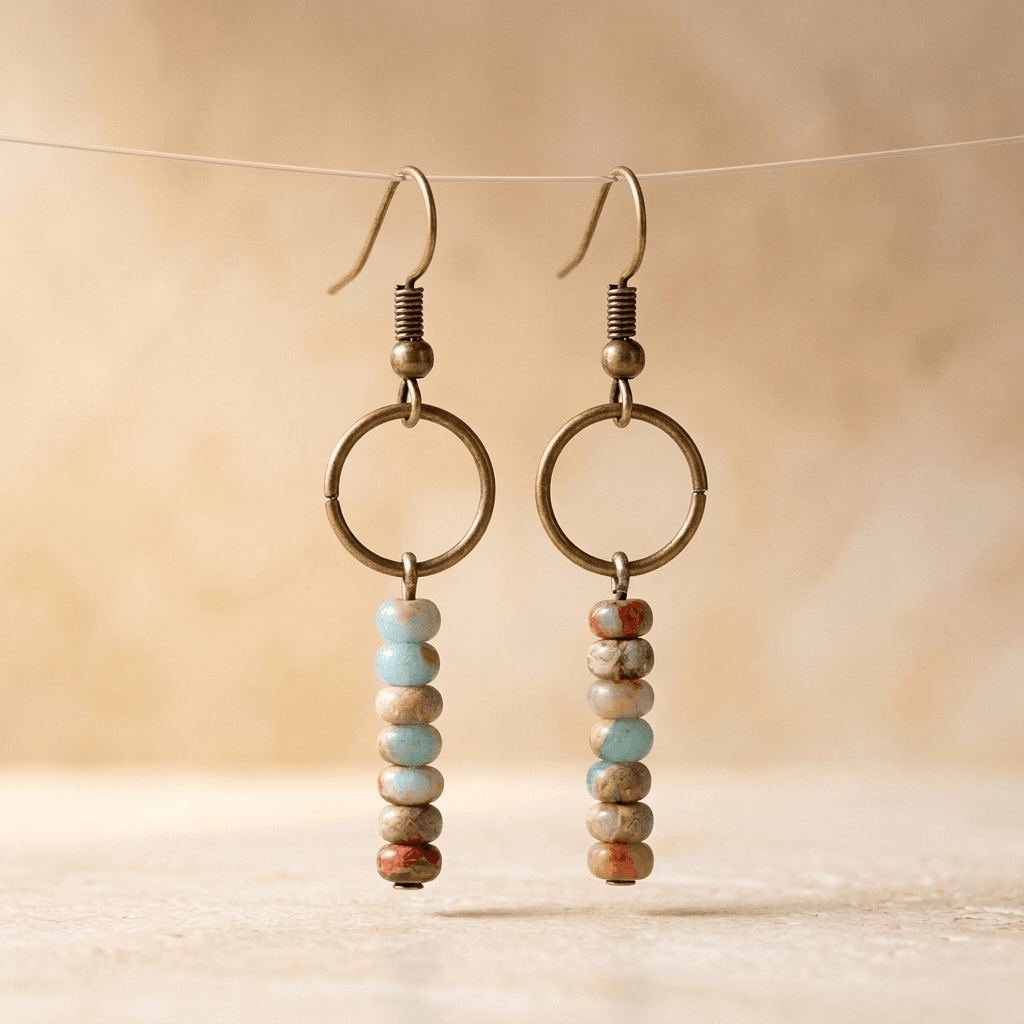 Vintage Brass Circle Beaded Stone Earrings