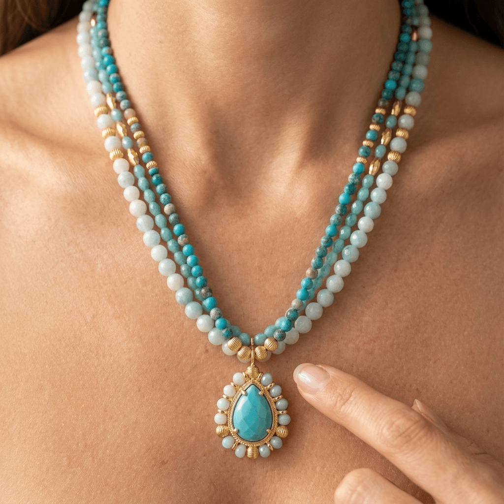 Turquoise Gold Layered Beaded Pendant Necklace