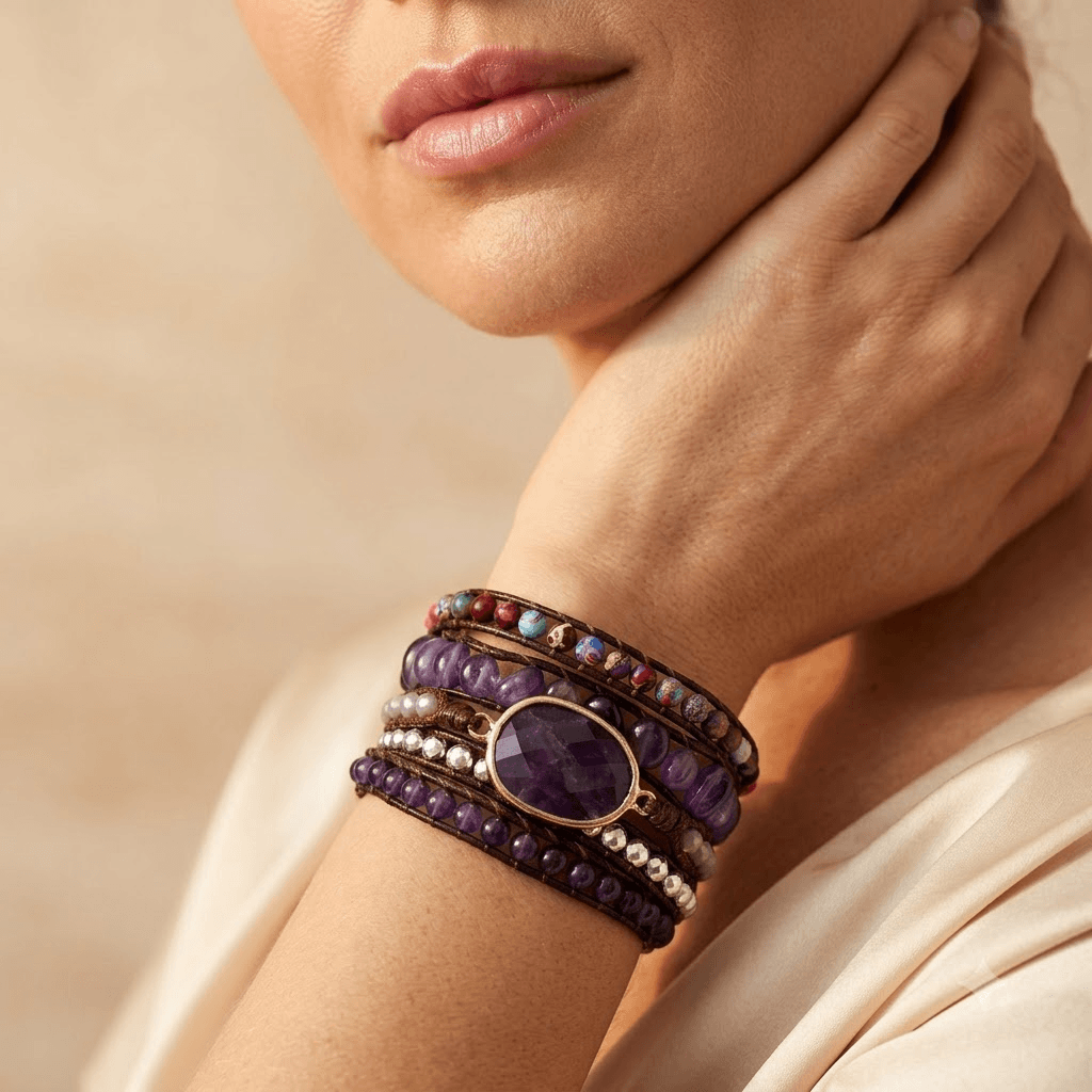 Purple Amethyst Gold Oval Wrap Bracelet