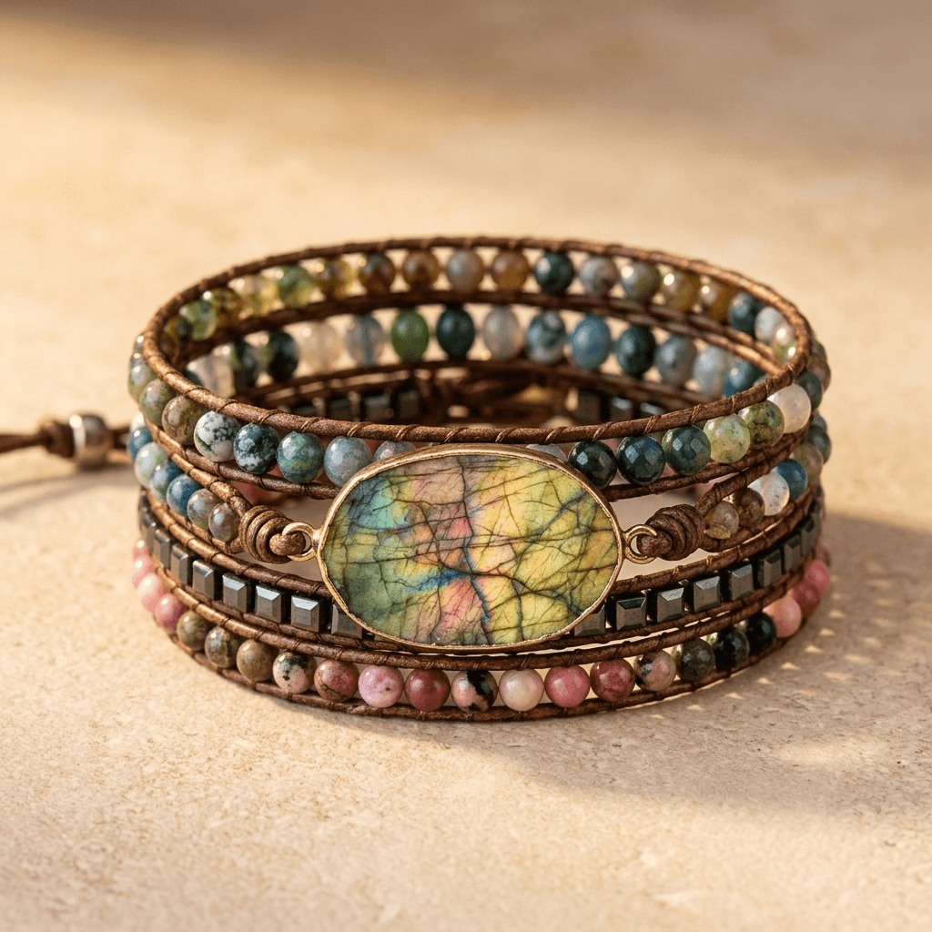 Natural Labradorite Leather Wrap Beaded Bracelet
