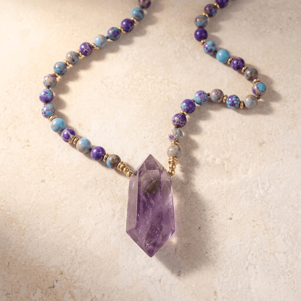 Purple Amethyst Gold Beaded Point Pendant Necklace