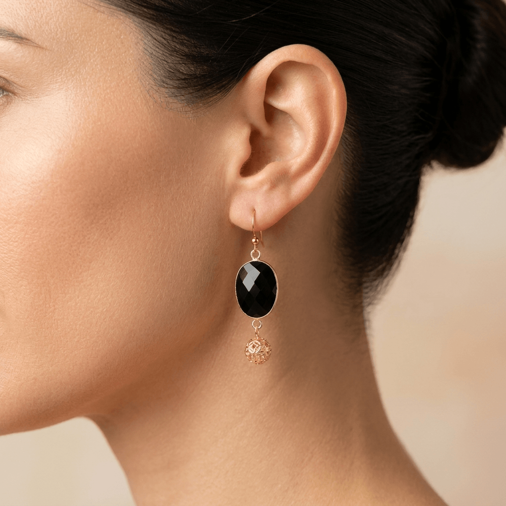 Black Onyx Gold Filigree Ball Drop Earrings