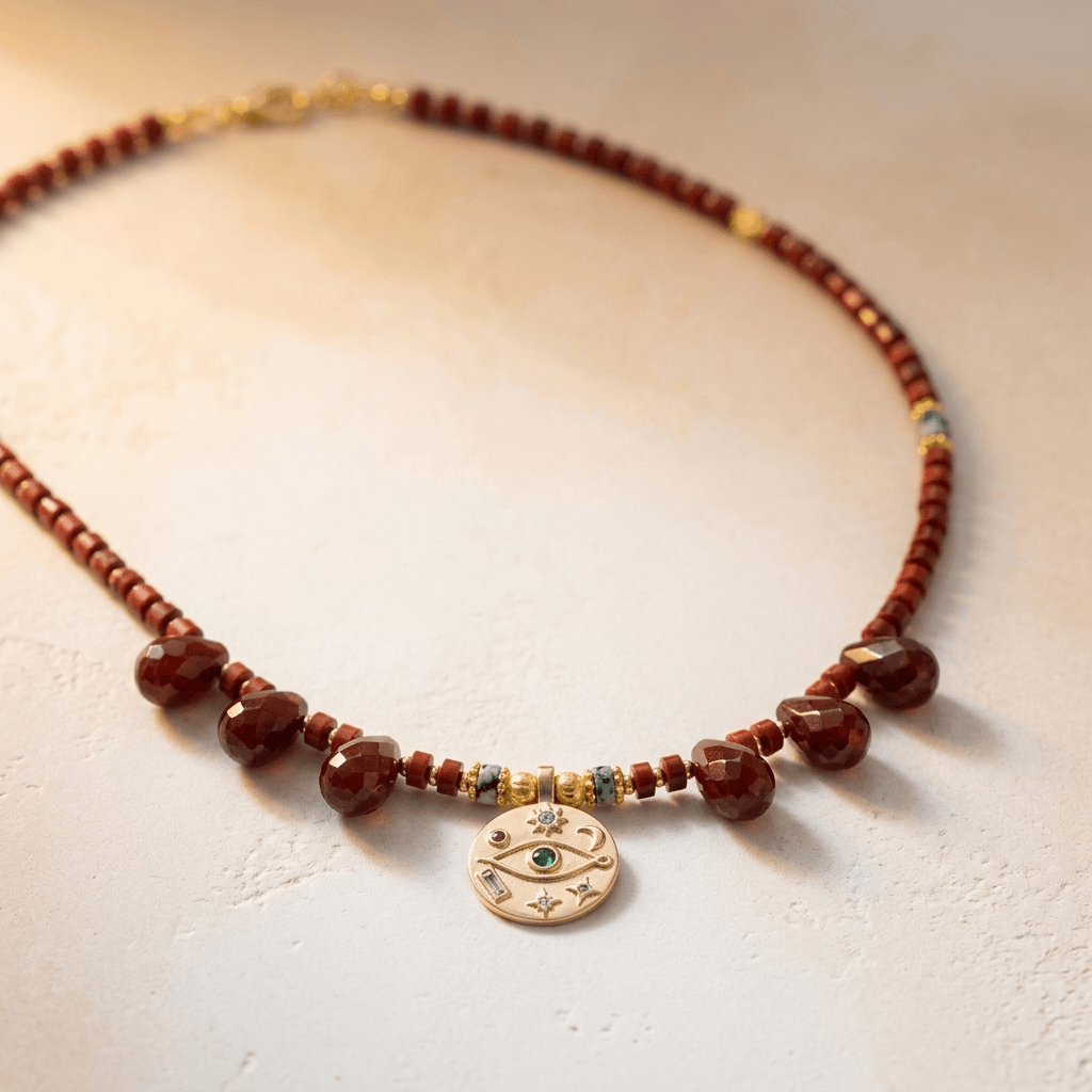 Red Jasper Gold Egyptian Eye Charm Necklace