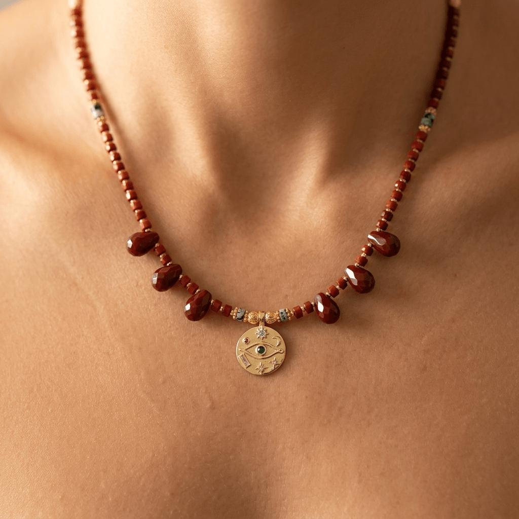 Red Jasper Gold Egyptian Eye Charm Necklace