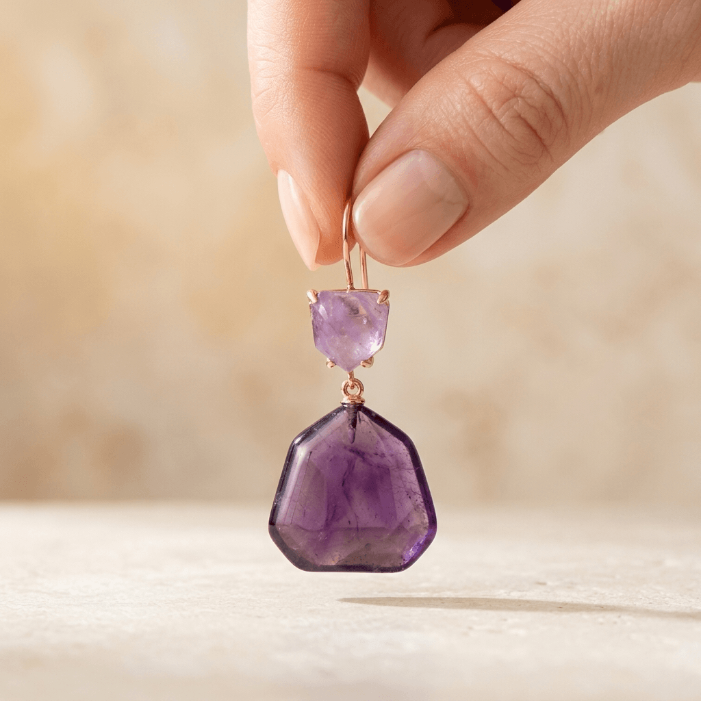 Natural Purple Amethyst Rose Gold Drop Earrings