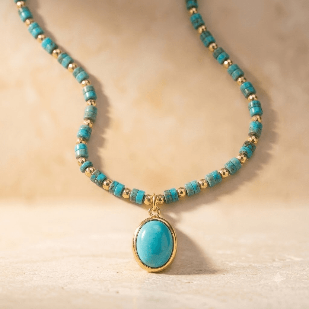 Turquoise Gold Beaded Oval Pendant Necklace
