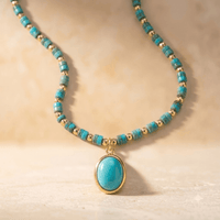 Turquoise Gold Beaded Oval Pendant Necklace