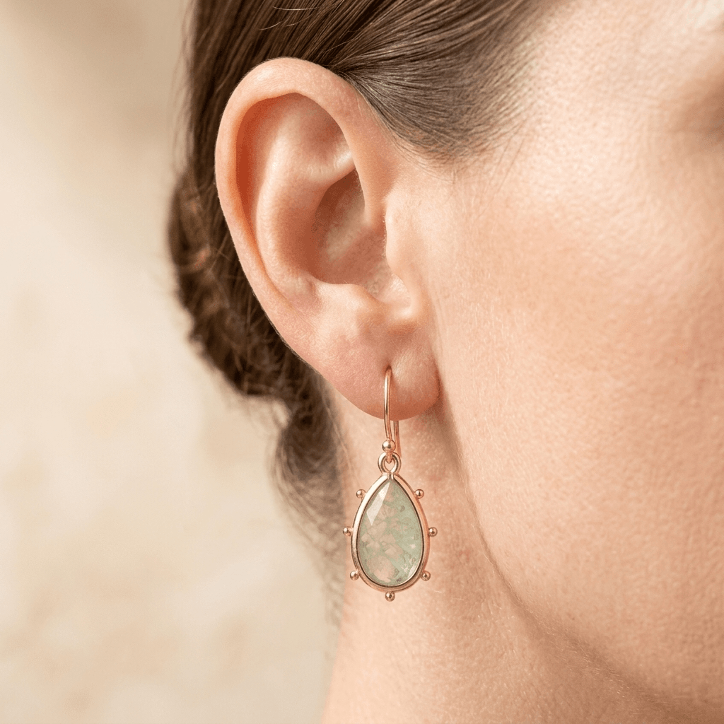 Green Fluorite Gold Teardrop Drop Earrings