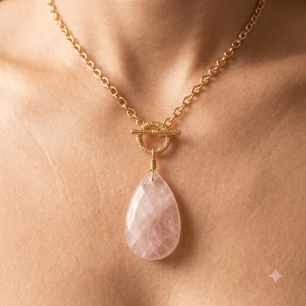 Rose Quartz Teardrop Gold Toggle Necklace