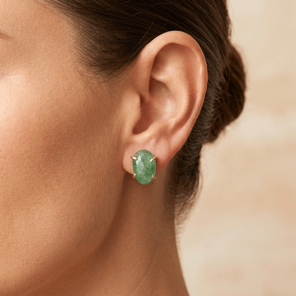 Green Aventurine Gold Oval Stud Earrings