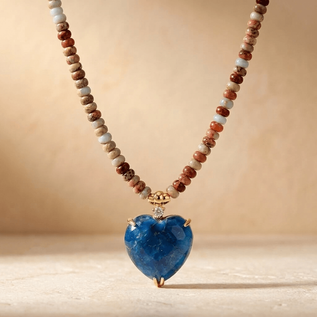 Blue Lapis Heart Gold Beaded Necklace