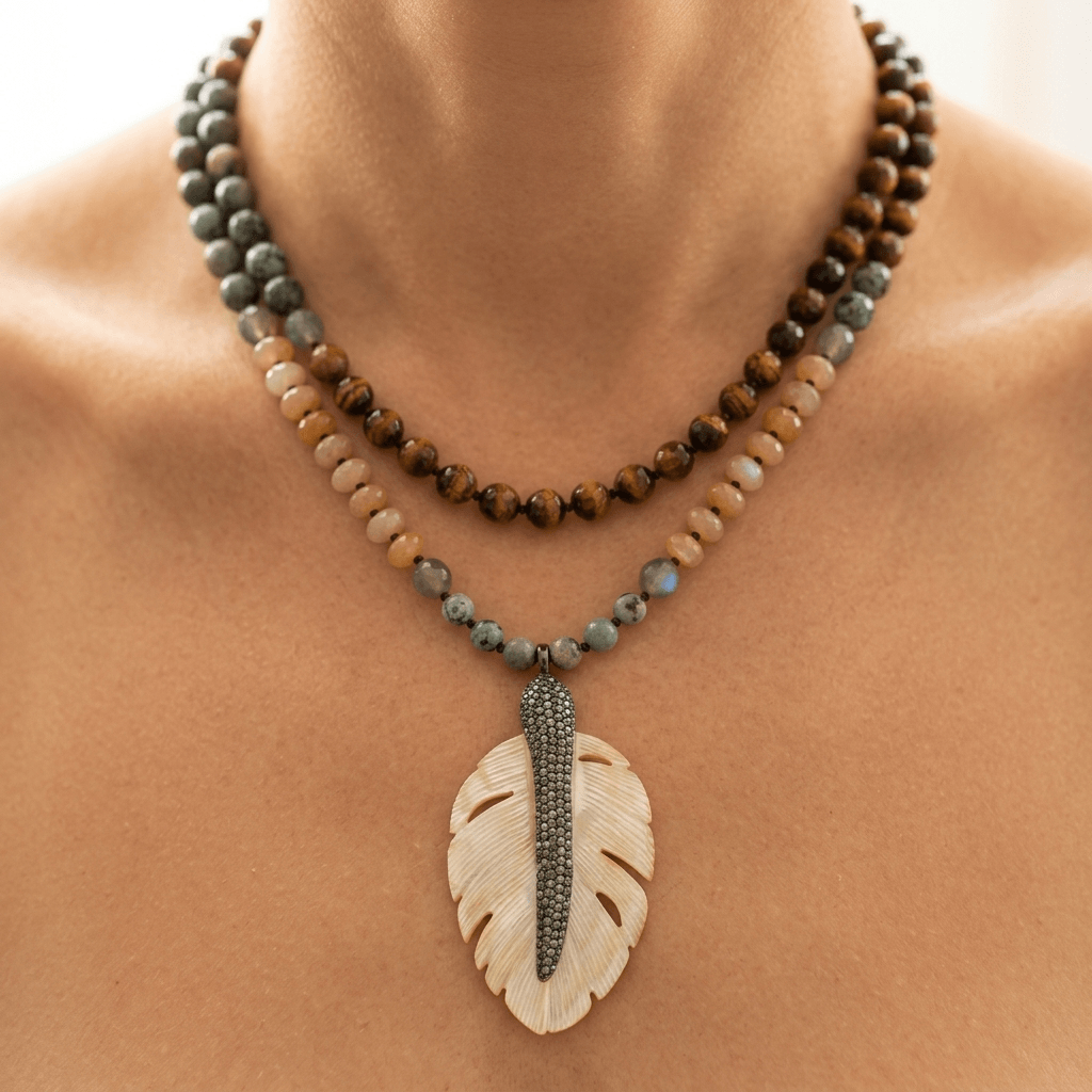 Boho Multistone Seashell Leaf Pendant Necklace