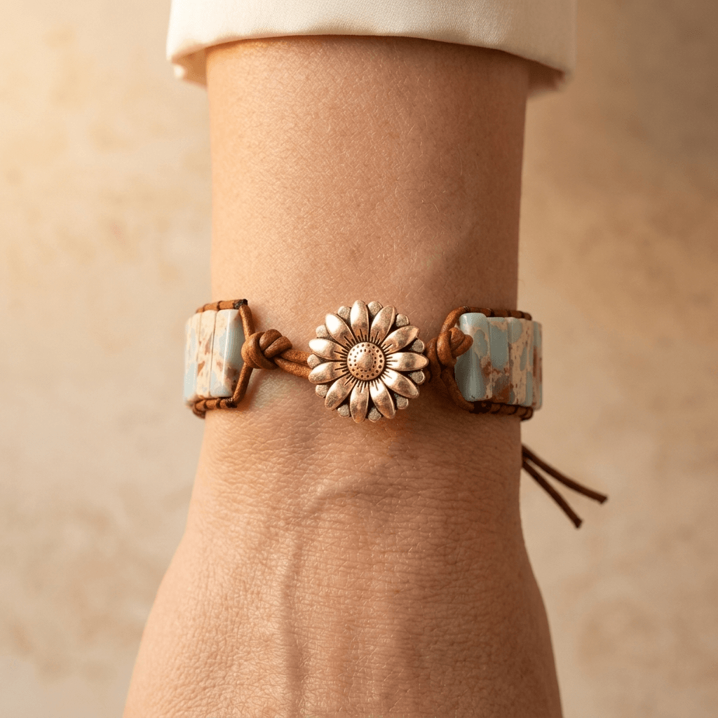 Handmade Blue Stone Silver Flower Leather Wrap Bracelet