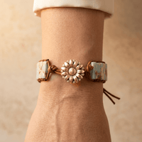 Handmade Blue Stone Silver Flower Leather Wrap Bracelet