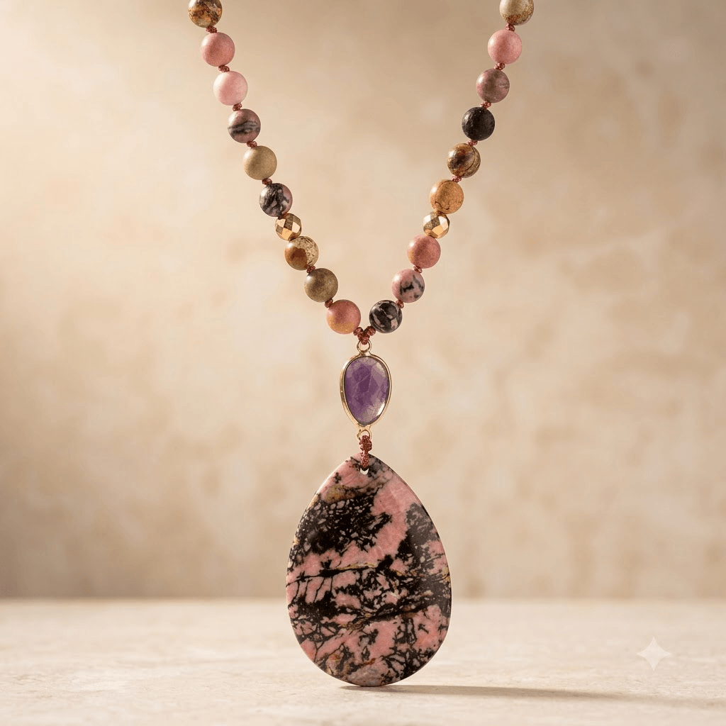 Natural Rhodonite Jasper Teardrop Pendant Necklace