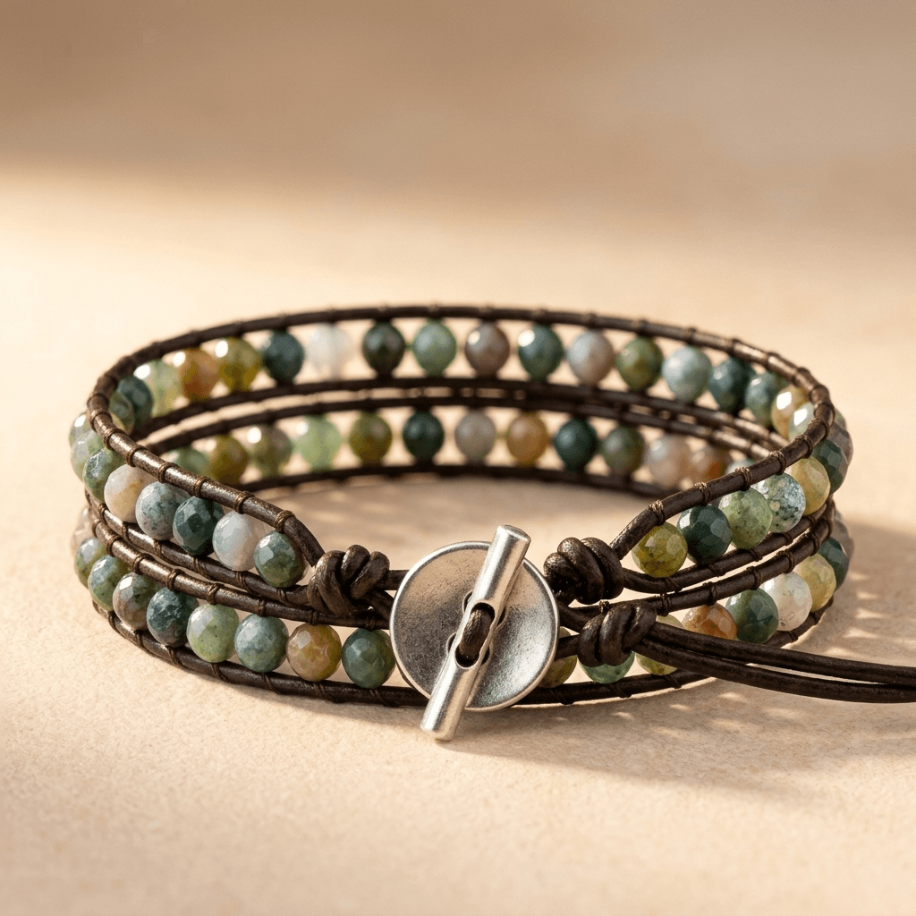 Handmade Indian Agate Leather Wrap Bracelet