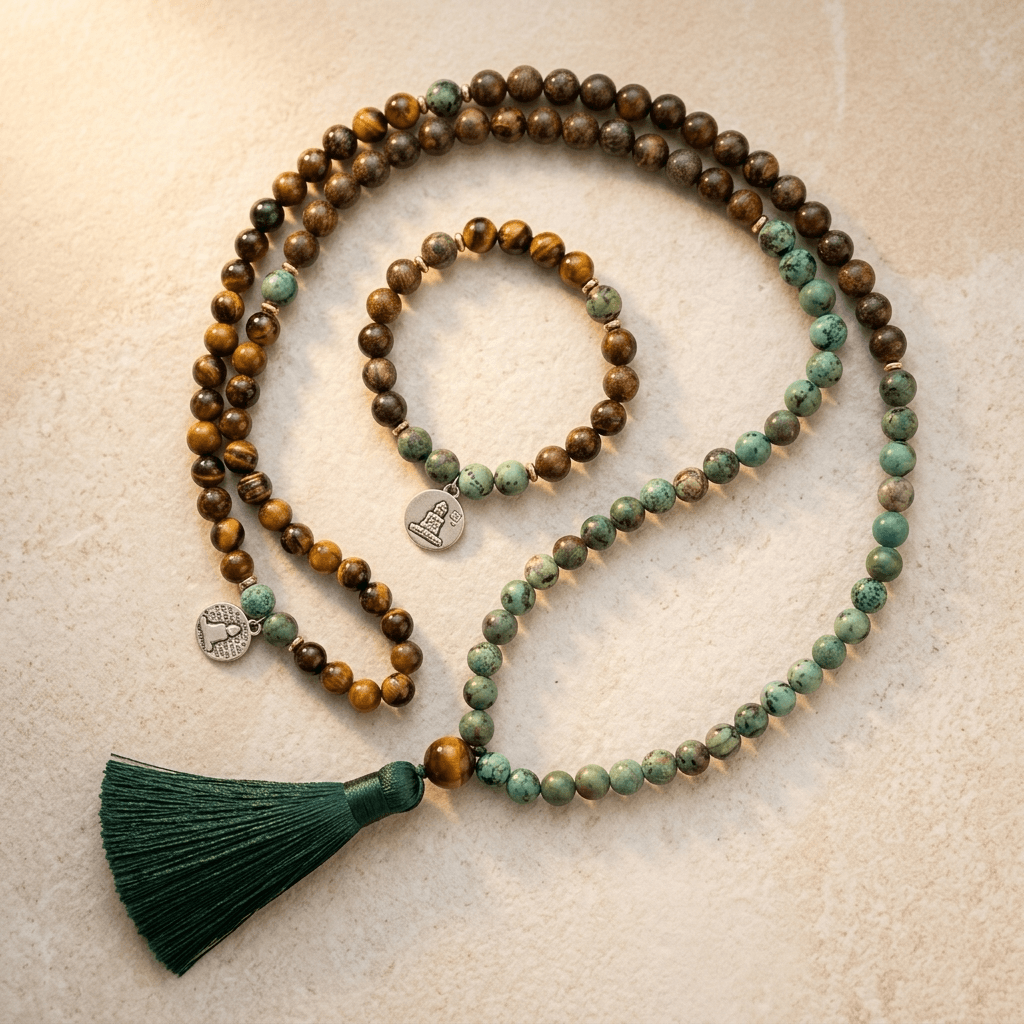 Natural Tiger Eye African Turquoise Mala Necklace