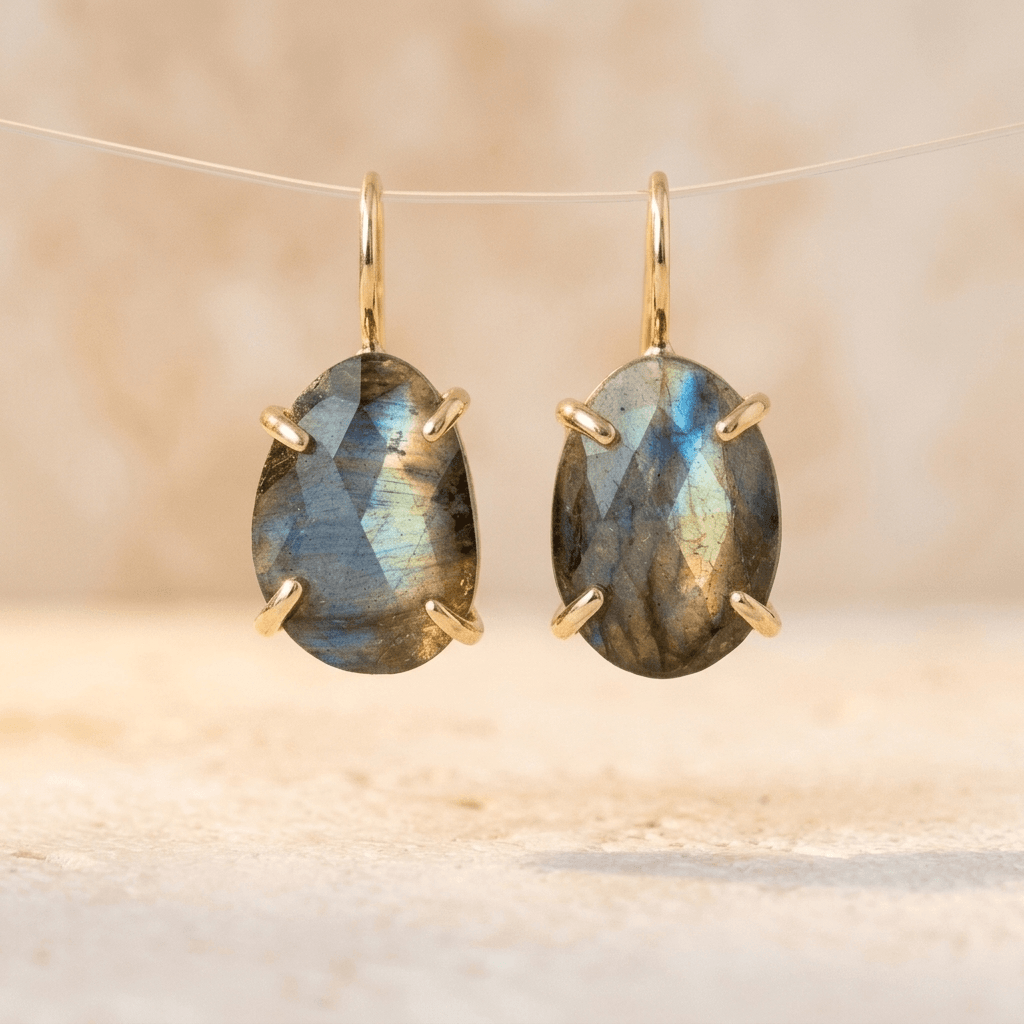 Natural Labradorite Gold Oval Stud Earrings