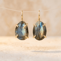 Natural Labradorite Gold Oval Stud Earrings