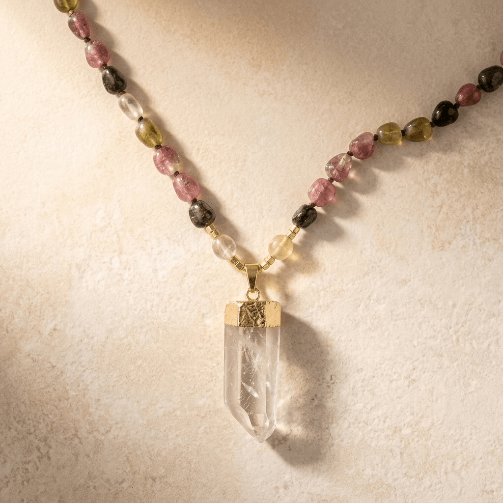 Natural Tourmaline Clear Quartz Gold Pendant Necklace