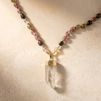 Natural Tourmaline Clear Quartz Gold Pendant Necklace
