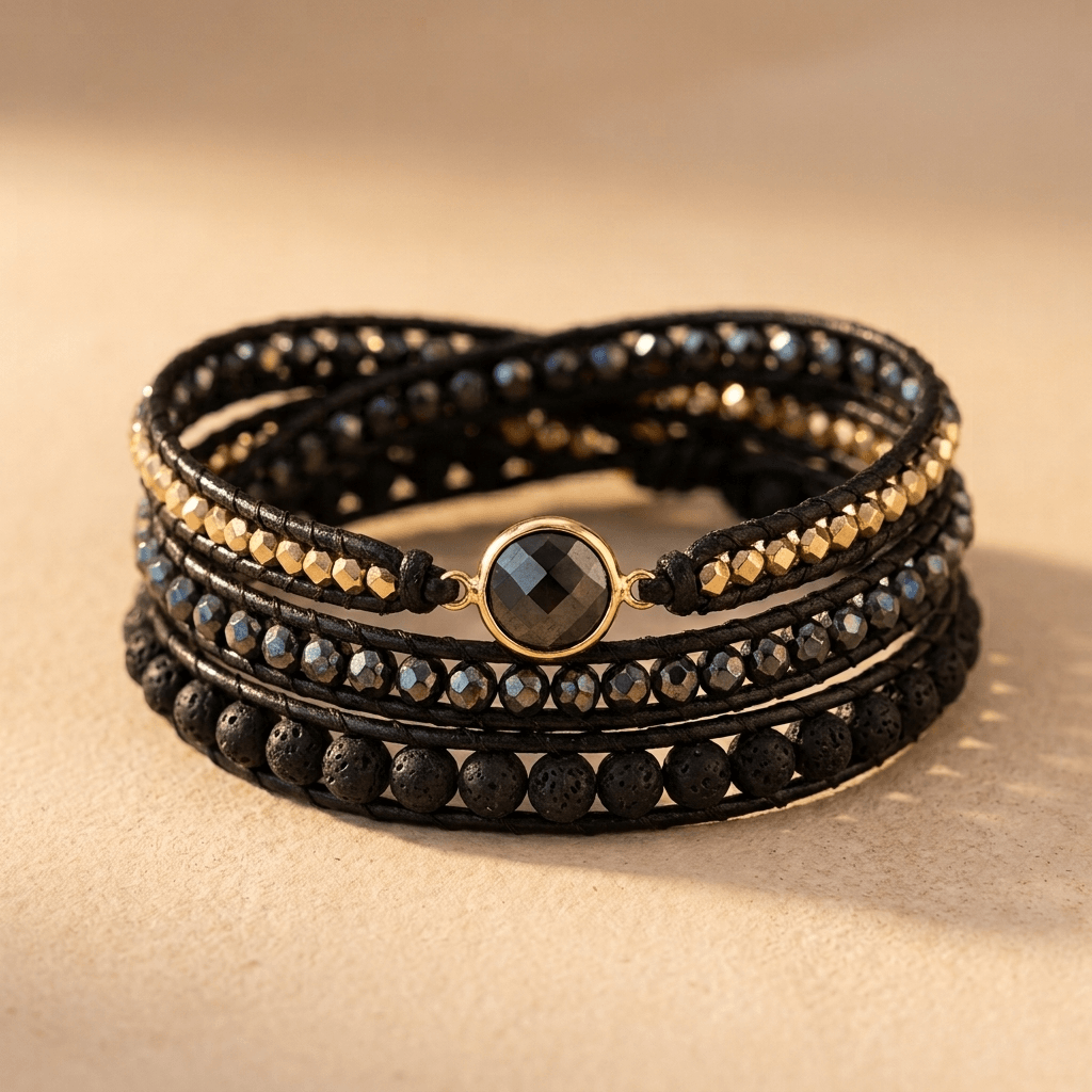 Black Lava Stone Hematite Wrap Bracelet