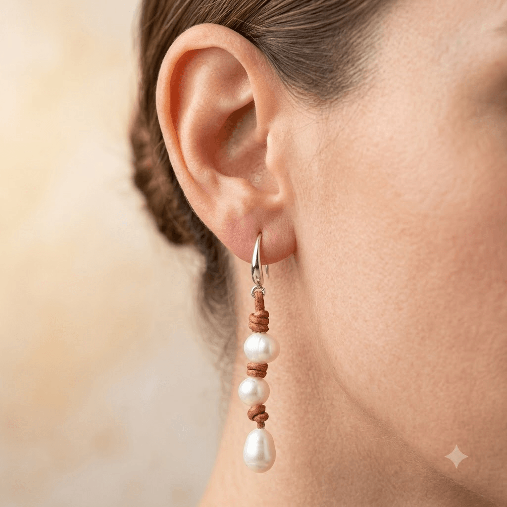 Handmade Silver Freshwater Pearl Leather Drop Earrings