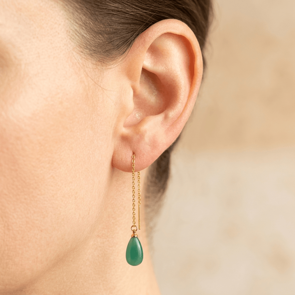 Green Onyx Gold Teardrop Thread Earrings