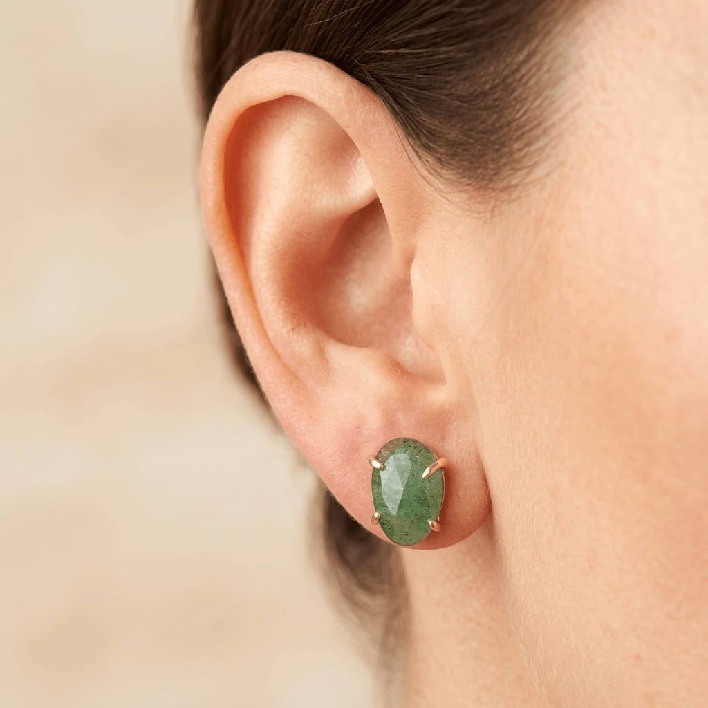 Green Aventurine Gold Oval Stud Earrings