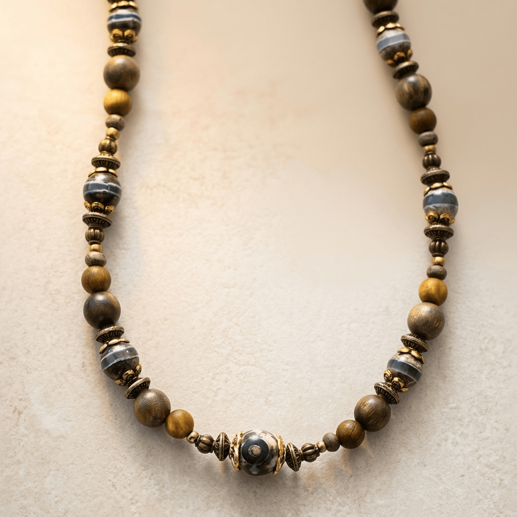 Natural Wood Onyx Striped Beaded Necklace