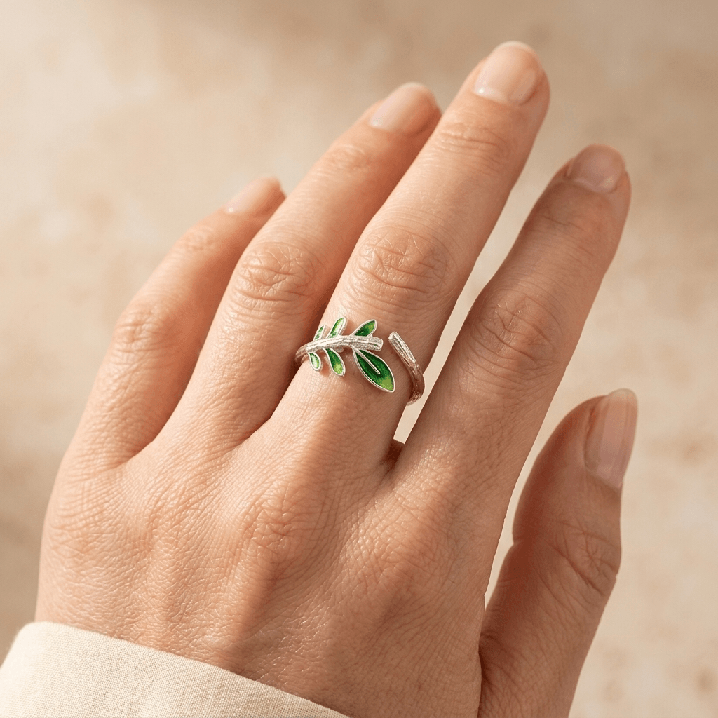 Green Leaf Silver Branch Ring Adjustable