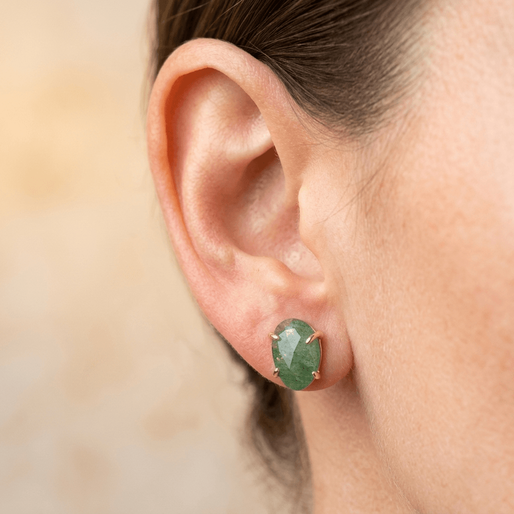 Green Aventurine Gold Oval Stud Earrings