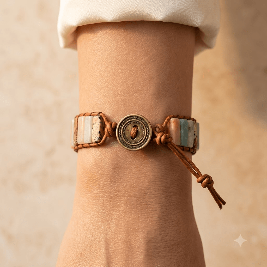 Handmade Jasper Agate Stone Leather Bracelet