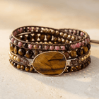 Natural Tiger Eye Rhodonite Leather Wrap Bracelet