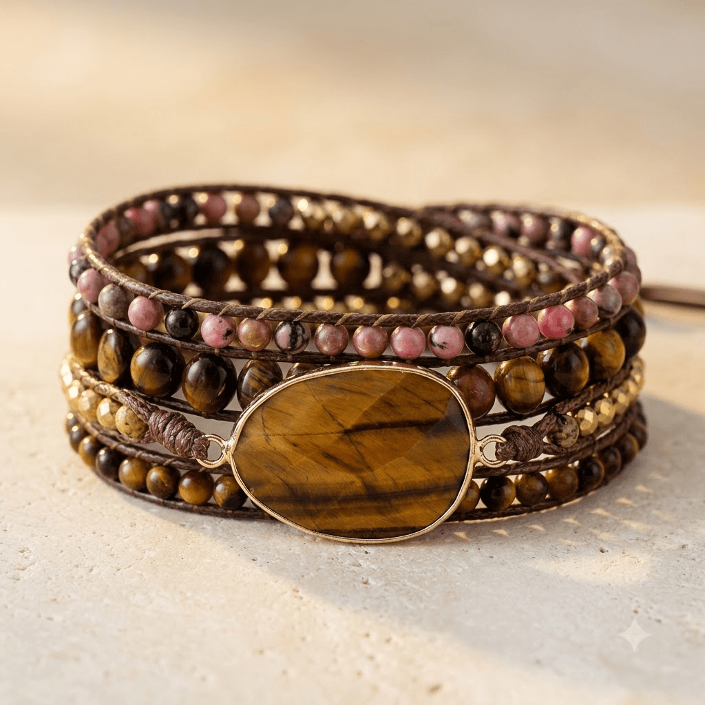 Natural Tiger Eye Rhodonite Leather Wrap Bracelet