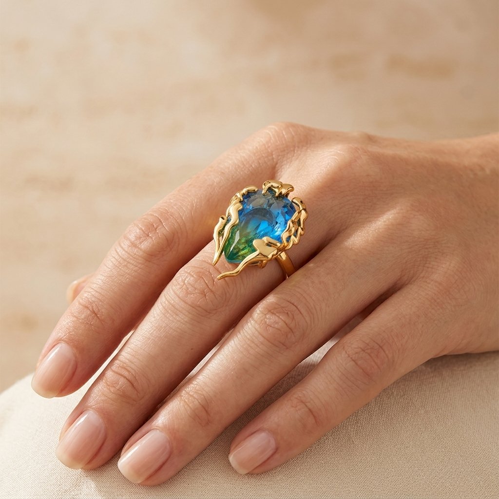 Gold Blue Green Gradient Cushion Ring