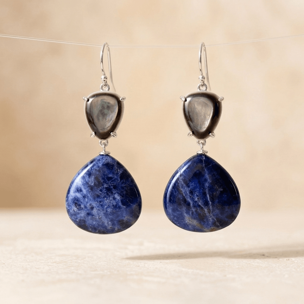 Blue Sodalite Mother Of Pearl Silver Drop Earrings