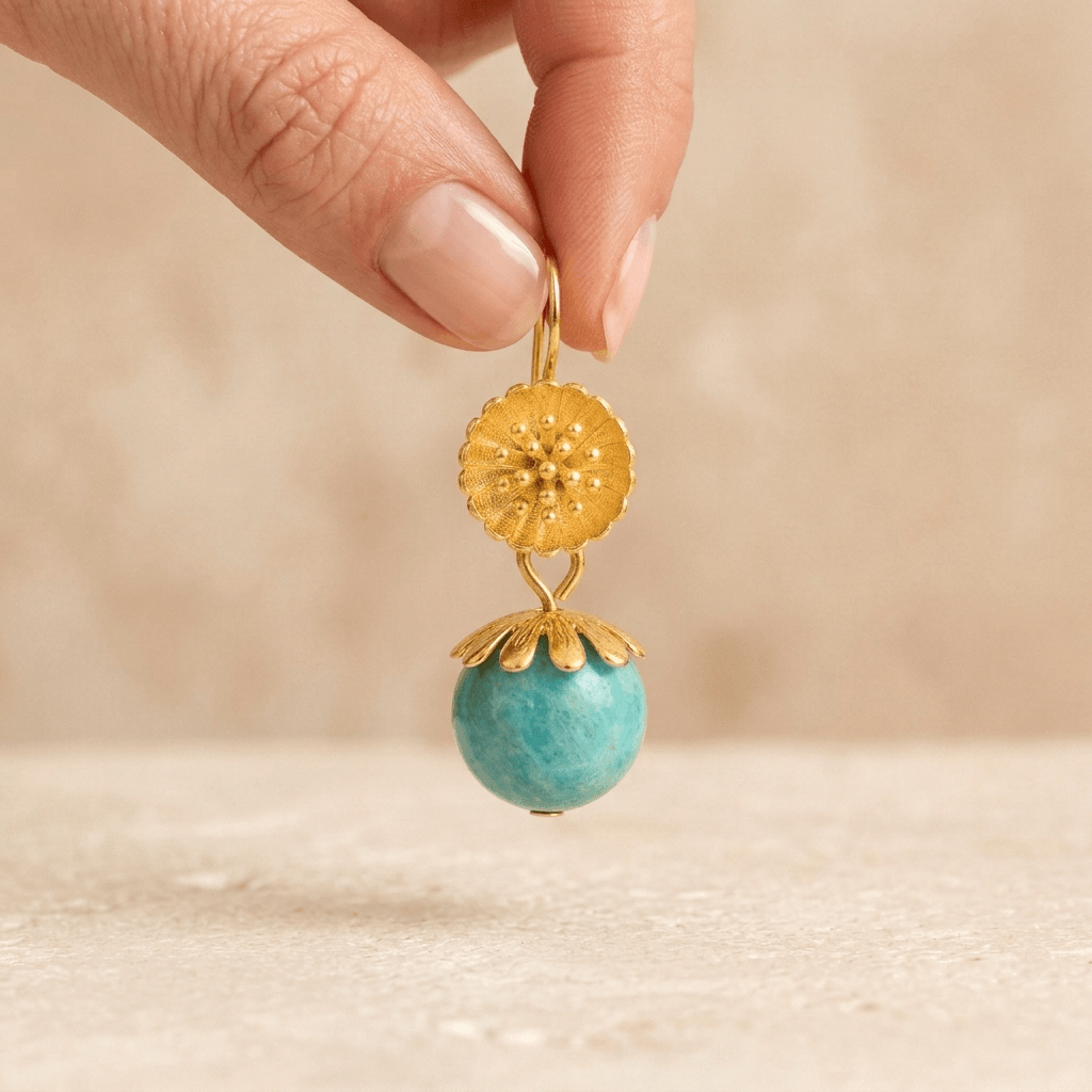 Gold Amazonite Daisy Flower Drop Earrings
