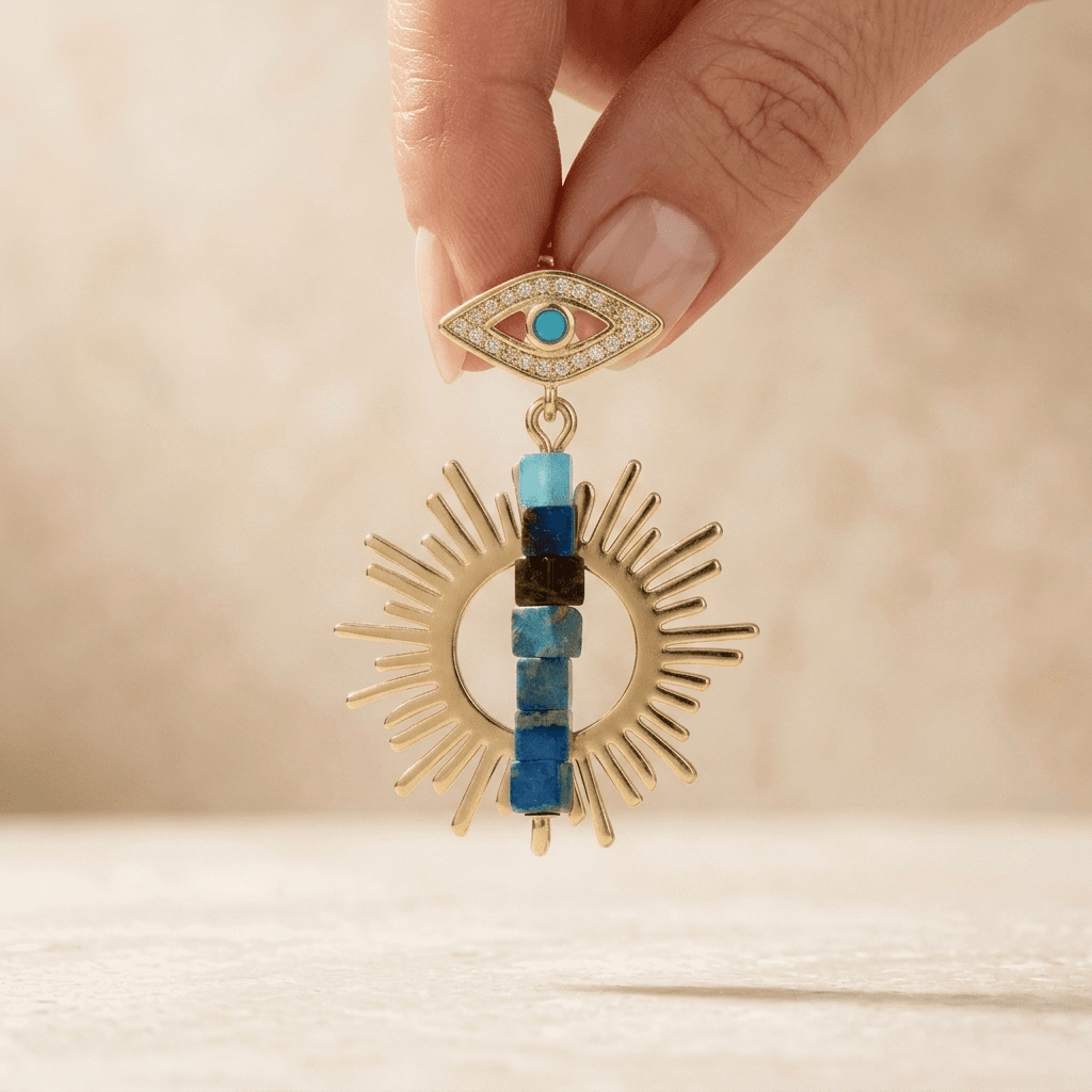 Gold Evil Eye Turquoise Sunburst Drop Earrings