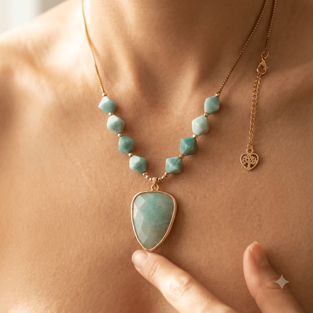 Natural Amazonite Gold Faceted Pendant Necklace