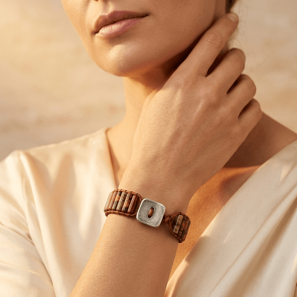 Handmade Jasper Tube Leather Wrap Bracelet